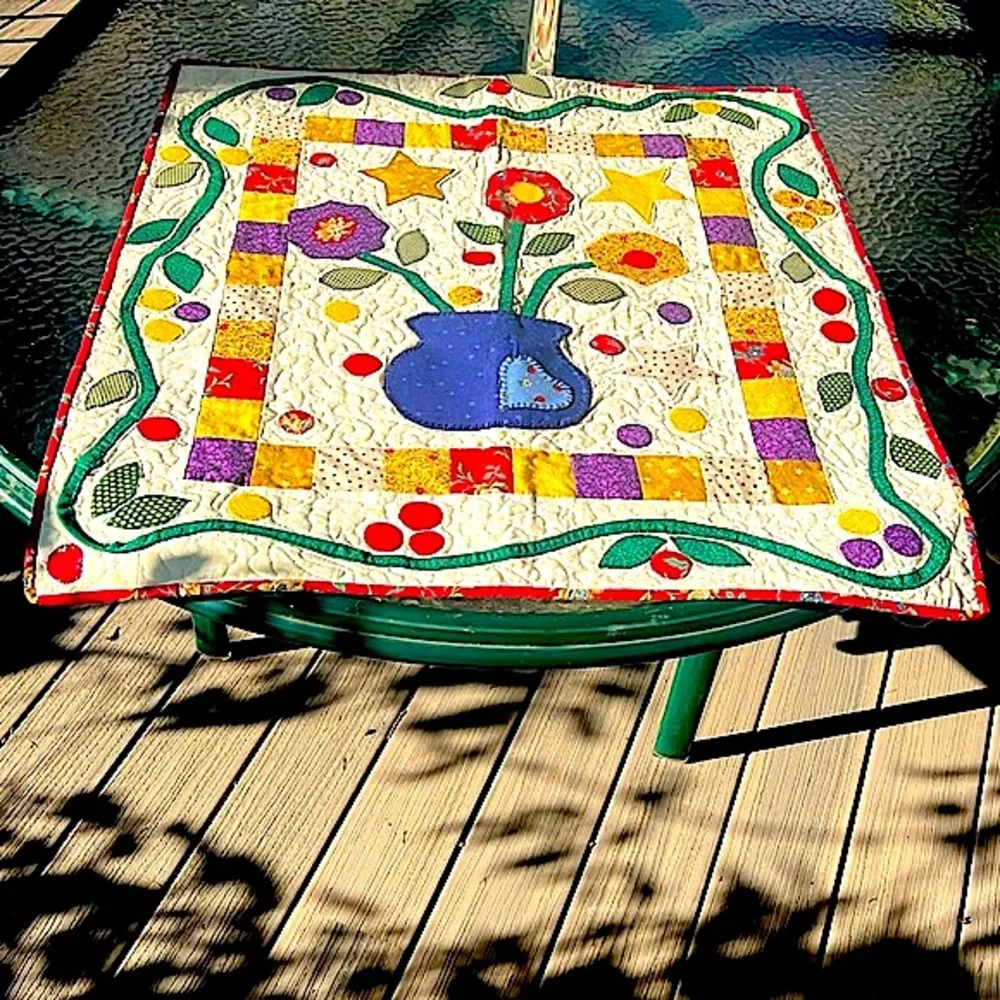 Floral, Stars, Hearts Handmade Quilted Fabric Wall Hanging or Table Art